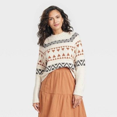 Women&#39;s Mock Turtleneck Pullover Sweater - Universal Thread&#8482; Cream Fair Isle L | Target