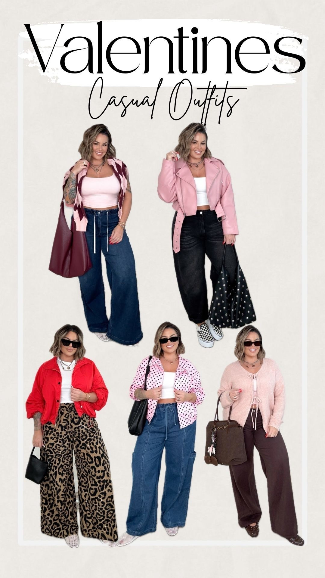 Sharing pieces you can wear again and not just for Valentine’s Day. 

Outfit 1 top left 
Tank L  
Jeans ( linked same style and brand but mine are from last year so slightly different) wearing a L tho. 
Cardigan L 

Outfit 2 
Pink moto xl 
Jeans sized up to 14 for baggy fit 
Tank L 

Outfit 3 
Red jacket L ( it’s cheap quality but so cute ) 
Pants XL great length I’m 5’5 
Tee L 

Outfit 4 
Polka dot jacket XL 
Tank L 
Jeans xl could have done L they run big 

Outfit 5 
Pink sweater L 
Pink tank L 
Brown jeans 32 long I recommend sizing up in these as well for a baggy fit. 
Brown studded shoes are sold out but they have reg brown. 

#LTKValentine #LTKMidsize #LTKSaleAlert