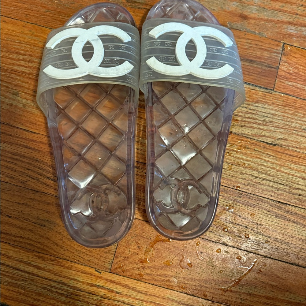 CHANEL Clear Jelly Slide Sandals with White CC Emblem | Poshmark