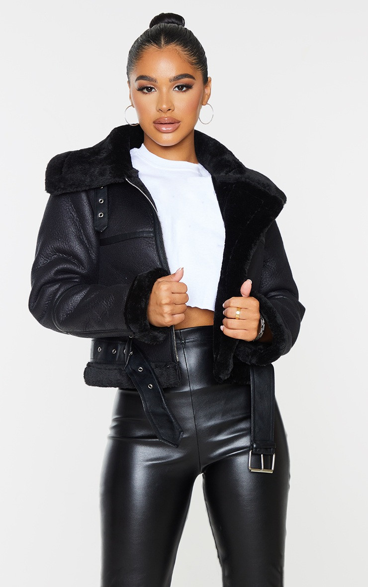 Petite Black Faux Leather Aviator Jacket | PrettyLittleThing US