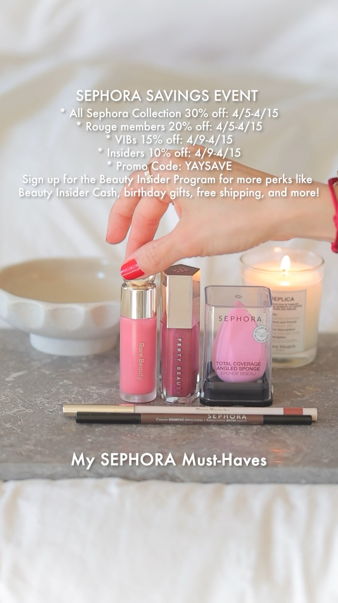 The @sephora Savings Event is here, and these are my must-haves: 

1. DIOR Backstage Concealer (shade 2N)
2. RARE BEAUTY Soft Pinch Liquid Blush (shade Happy)
3. SEPHORA COLLECTION Total Coverage Angled Sponge
4. SEPHORA COLLECTION Retractable EyeBrow Pencil (shade Chocolate Brown)
5. RARE BEAUTY Kind Words Lip Liner (shade Worthy)
6. FENTY BEAUTY Gloss Bomb Universa  l Lip Luminizer (shade Riri)

Sign up for the Sephora Beauty Insider Program to enjoy perks like Beauty Insider Cash, birthday gifts, free shipping, and more! Plus, you'll get access to:
* All Sephora Collection at 30% off: 4/5 - 4/15
* Rouge members get 20% off: 4/5 - 4/15
* VIBs get 15% off: 4/9 - 4/15
* Insiders get 10% off: 4/9 - 4/15
Use promo code: YAYSAVE

#ad #sephorahaul #Sephorapartner

#LTKsalealert #LTKbeauty #LTKxSephora