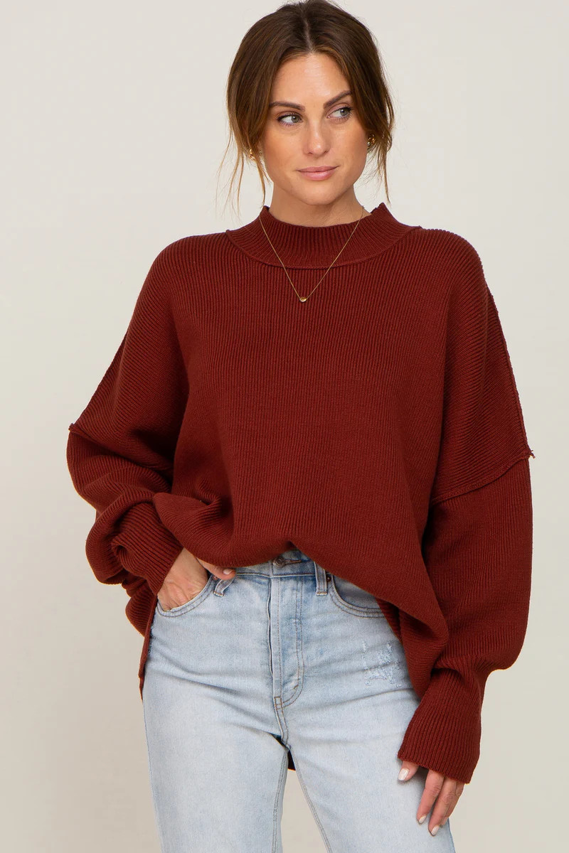 Rust Mock Neck Exposed Seam Sweater | PinkBlush Maternity