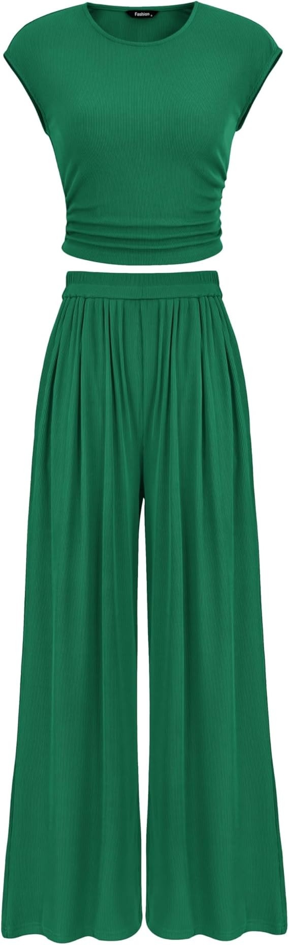 PRETTYGARDEN Women's Summer 2 Piece Outfits 2026 Cap Sleeve Ruched Slim T Shirt Ribbed Knit Wide ... | Amazon (US)