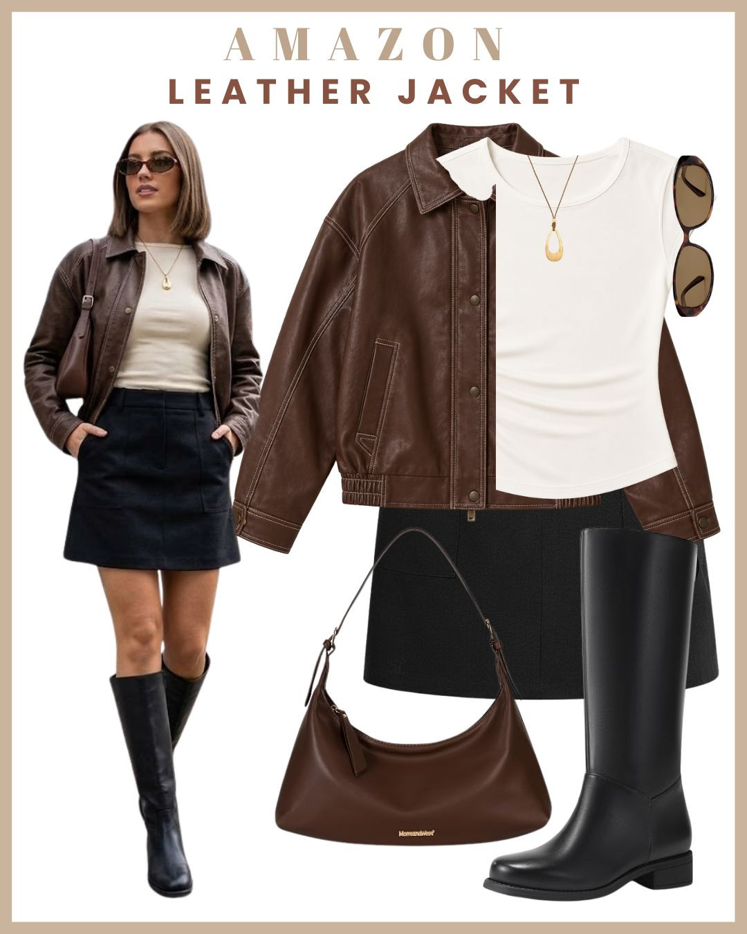 One brown leather jacket, three ways 🤎🖤 If you’re looking for one jacket that can take you through the entire season, make it a brown leather jacket 🍂✨ With a black skirt — chic and edgy for a night out With blue jeans — effortless everyday styling for coffee runs or weekends Over a bodycon dress — instantly adds a cool, elevated layer for dinner or date night A leather jacket is one of those timeless pieces that makes even the simplest outfit feel styled 

 #LTKdayinmylife #LTKgrwm #LTKootd