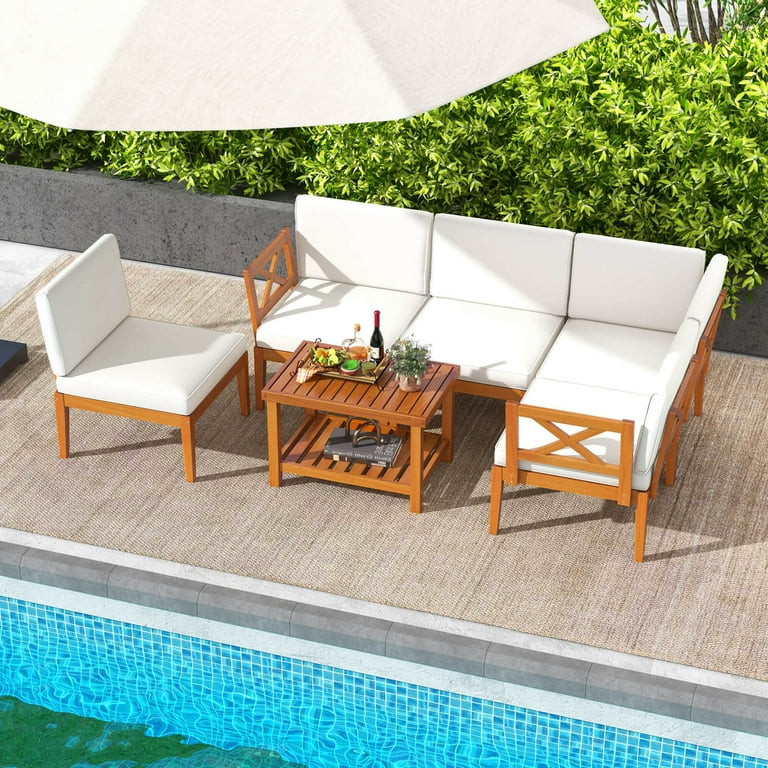 Costway 6 PCS Acacia Wood Patio Furniture Set with Cushions and 2-Tier Coffee Table | Walmart (US)