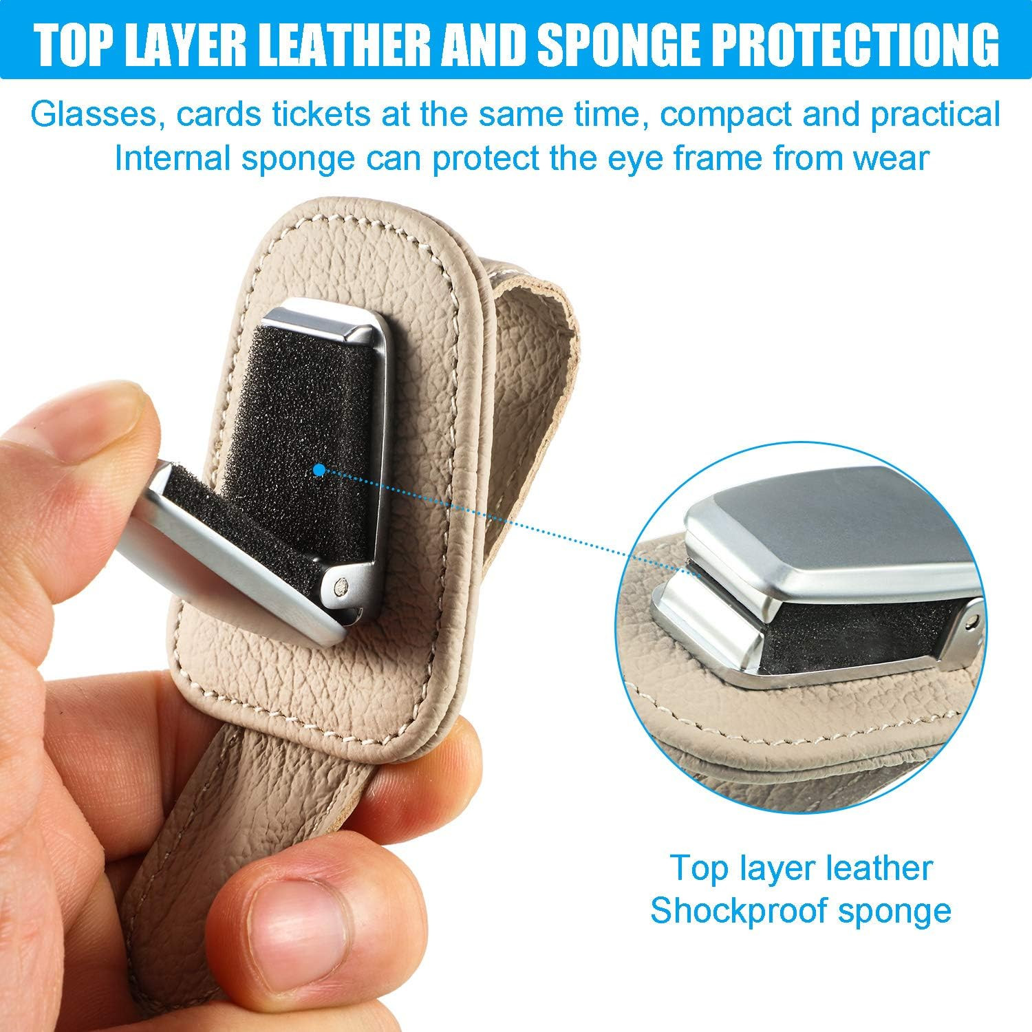 Mudder 2 Packs Sunglasses Holder for Car Universal Visor Sunglasses Holder Clip Leather Eyeglasses Hanger and Ticket Card Clip Eyeglasses Mount for Car(Beige) | Amazon (US)