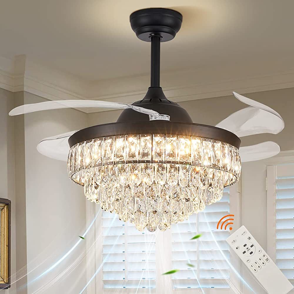 CLAIRDAI 42 Inch Crystal Chandelier Fan Modern Dimmable Fandelier Retractable Blade Crystal Ceili... | Amazon (US)