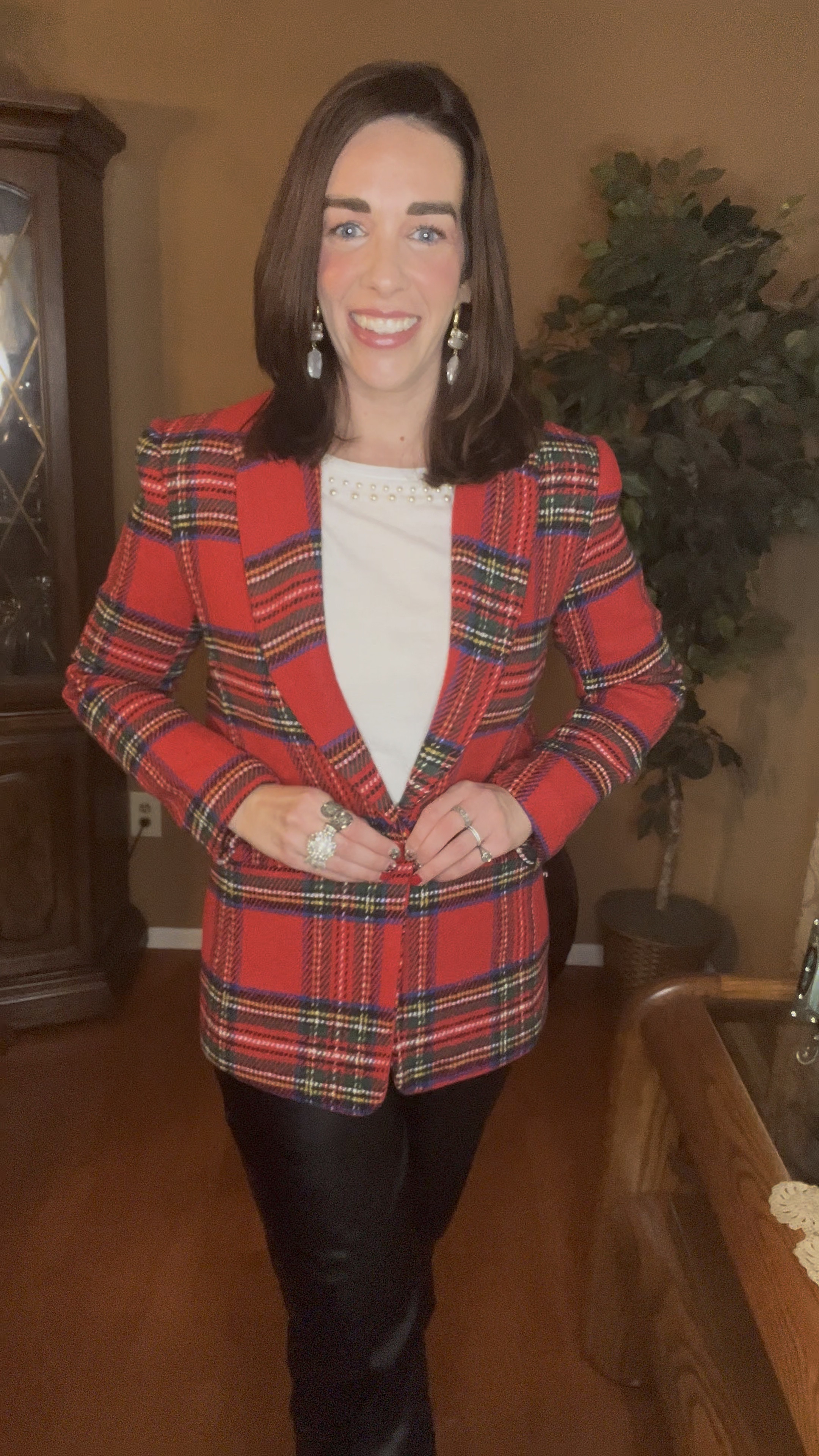 Red plaid blazer (small). White embellished Tshirt (small). Black vegan leather pants (27). White boots (8.5). #blazer #redblazer #plaidblazer #tshirt #whitetshirt #leatherpants #blackpants #veganleatherpants #whiteboots #boots #winteroutfits 

Winter Outfits 

#LTKStyleTip 

#LTKFindsUnder100 #LTKSeasonal
