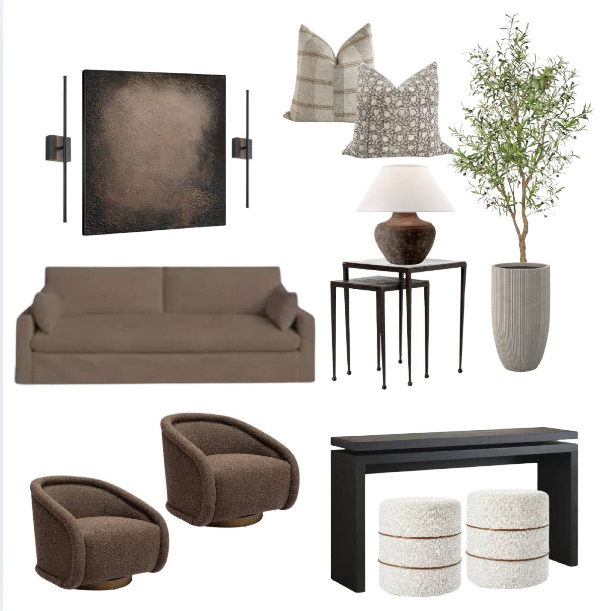 Linda’s living room 

Oversized art
Brown sofas
Swivel chairs 
Console tables 
Ottomans 
Ends tables 
Table lamps 
Faux trees
Throw pillows 

#LTKHome #LTKFindsUnder100 #LTKFindsUnder50