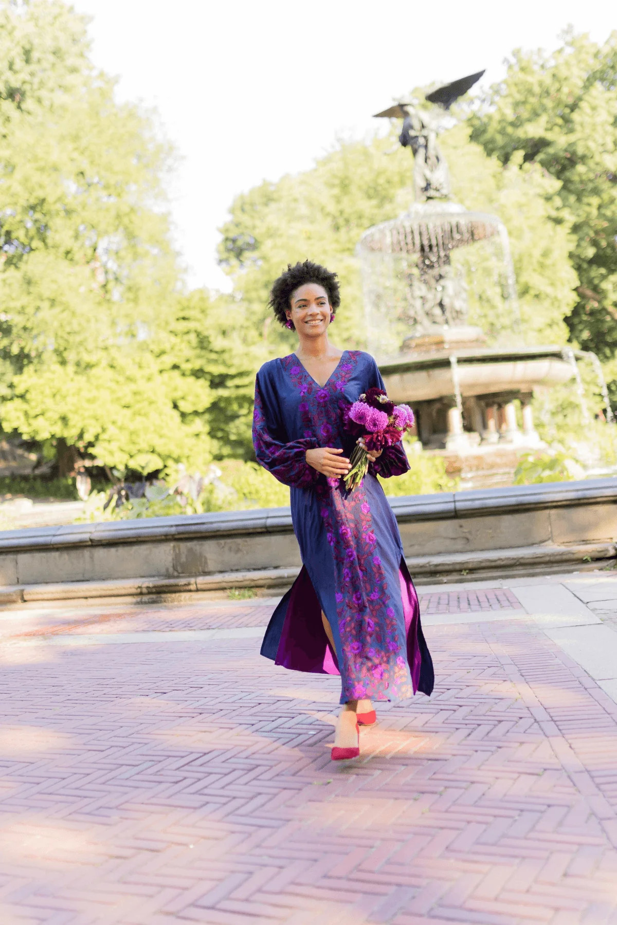 SS Kaftan Double Barrel Balloon Sleeve | Indigo/Magenta/Deep Burgundy Blooms Embroidery | SUE SARTOR