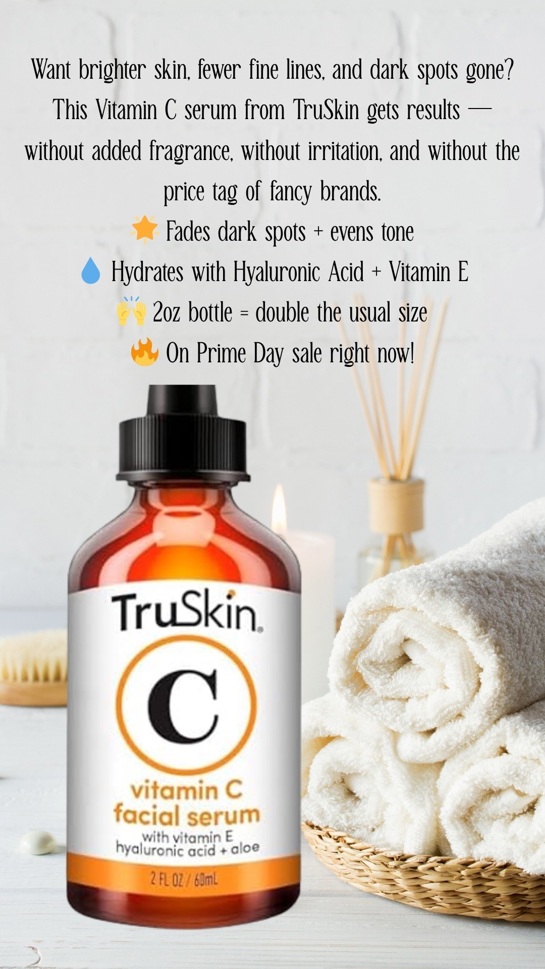Glow Up on a Budget 💫 This Vitamin C Serum Delivers Brighter Skin Without the Irritation

If you’ve been searching for a Vitamin C serum that actually works without irritating your skin or breaking the bank, this is it! The TruSkin Vitamin C Serum is one of my favorite skincare finds — and right now, the 2oz bottle is on sale for Prime Day (that’s double the size of most serums)!

What makes it a must-have:
🌟 Visibly fades dark spots + brightens dull skin
💧 Packed with Hyaluronic Acid + Vitamin E for deep hydration
👩‍🔬 Gentle + effective formula with no added fragrance or harsh ingredients
🍃 Clean, cruelty-free, and made in the USA
🧴 The 2oz size lasts forever — seriously, a little goes a long way!

It uses Sodium Ascorbyl Phosphate, a more stable and less irritating form of Vitamin C that’s perfect for sensitive skin or beginners. I’ve seen real improvement in my skin tone, fine lines, and texture with this one — it’s a staple in my morning routine!

✨ Vitamin C serum for brightening and anti-aging
✨ Best affordable serum for dark spots and uneven tone
✨ Hydrating facial serum for sensitive skin
✨ Gentle formula that works for all skin types

🔥 On sale NOW for Prime Day! Don’t wait — this one always moves fast when it’s marked down.

#LTKBeauty #LTKOver40 #LTKSaleAlert