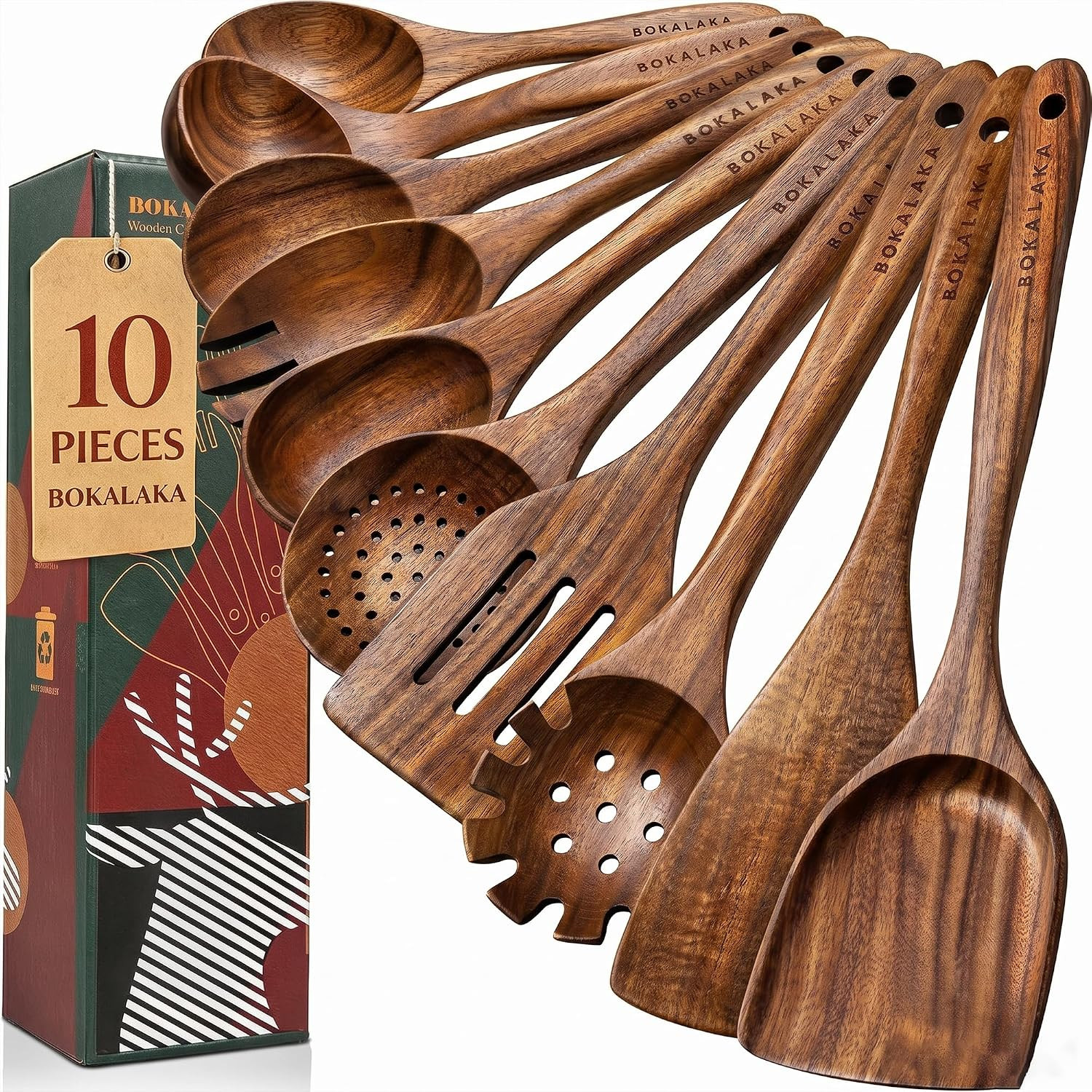 Wooden Spoons for Cooking,10 Pcs Natural Teak Wooden Kitchen Utensils Set Wooden Utensils for Cooking Wooden Cooking Utensils Wooden Spatulas for Cooking | Amazon (US)