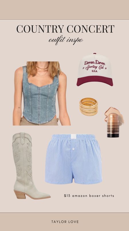 Casual Country Concert Outfit

Use code TAYLORLOVE for $$$ off Dibs Beauty 

Amazon Finds, Boxer Shorts, Cowboy Boots, Denim Corset Top, Neutral Style

#LTKShoeCrush #LTKStyleTip #LTKSeasonal