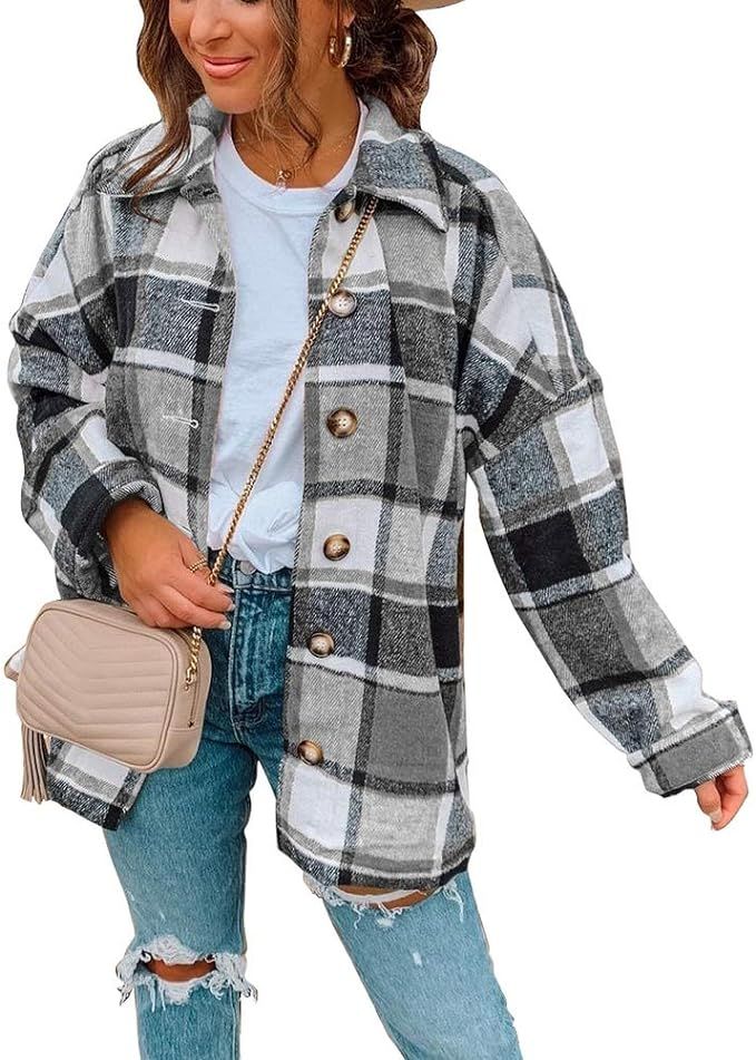 ZPLSTORE Women's Casual Color Block Plaid Wool Blend Shirt Jacket Coat Long Sleeve Button Down Ca... | Amazon (US)