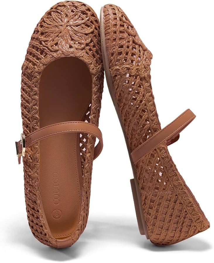 Coutgo Womens Mary Jane Woven Flats Round Toe Ballet Flats Dressy Comfortable Slip On Shoes | Amazon (US)