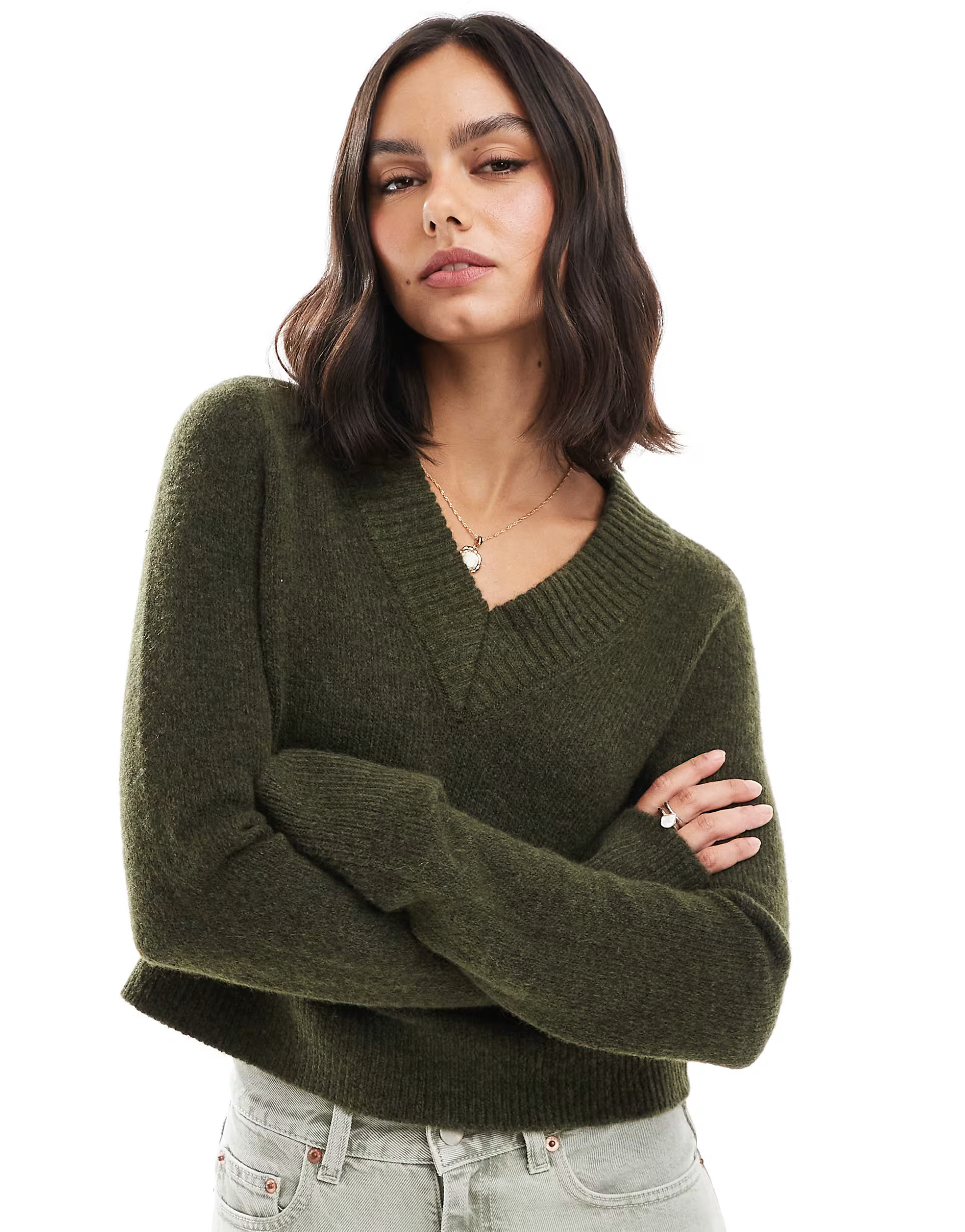 ASOS DESIGN crop v neck sweater in khaki | ASOS (Global)
