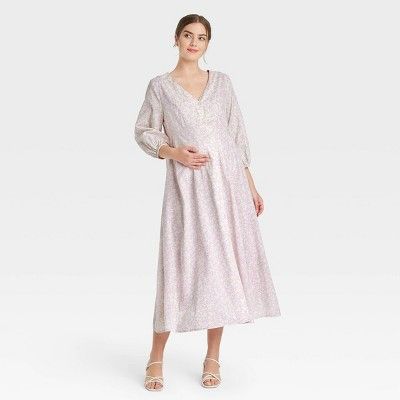 The Nines by HATCH™ Floral Print 3/4 Sleeve Button-Front Poplin Maternity Dress Purple | Target