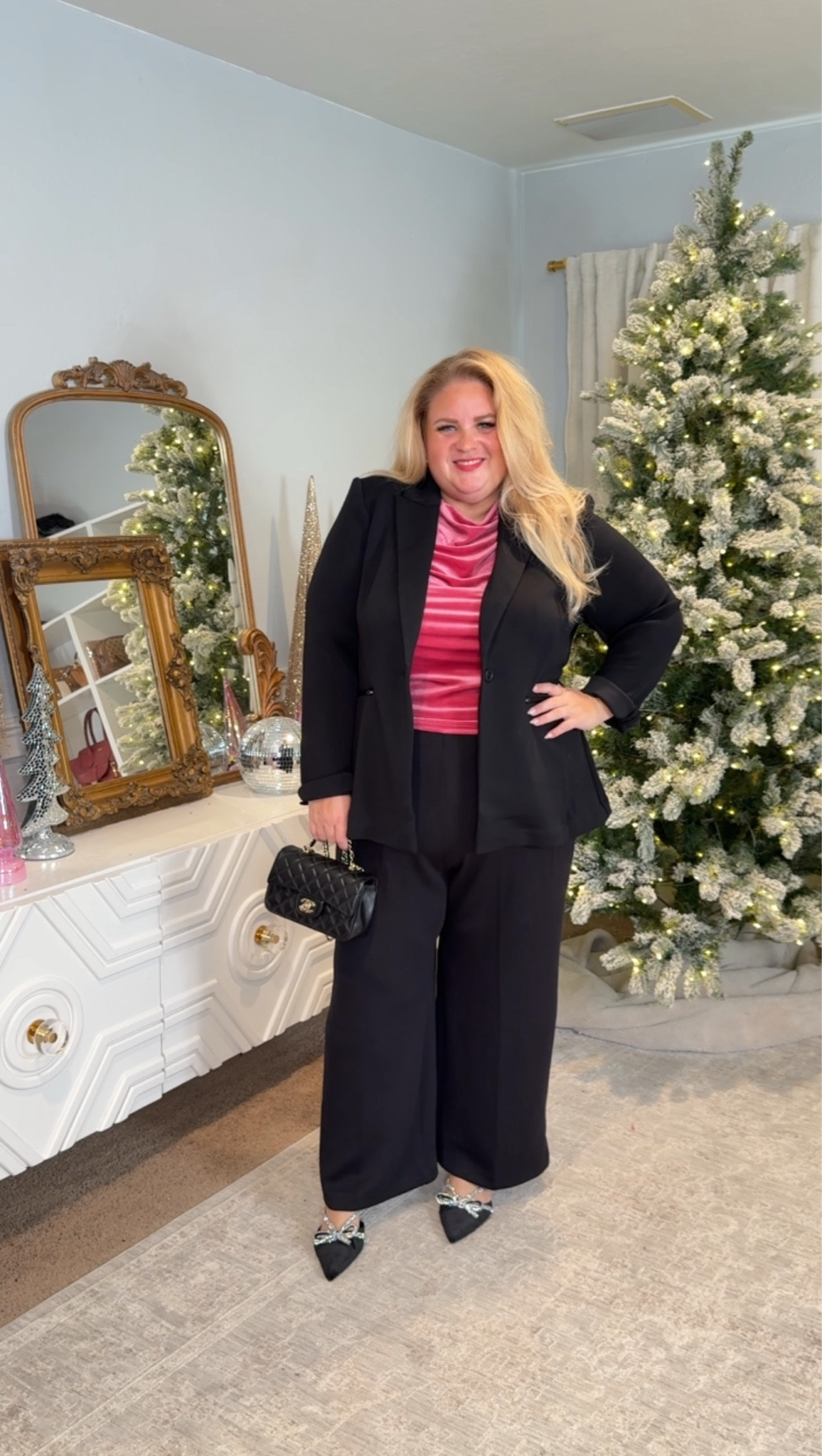This is my favorite way to do a suit without it feeling stiff or corporate. Soft draped top underneath, relaxed blazer, and wide leg pants that skim instead of cling. Polished, comfortable, and actually wearable for a full day or night out. Everything is linked on LTK so you can shop the exact outfit.

#LTKPlusSize #LTKFindsUnder50 #LTKOver40