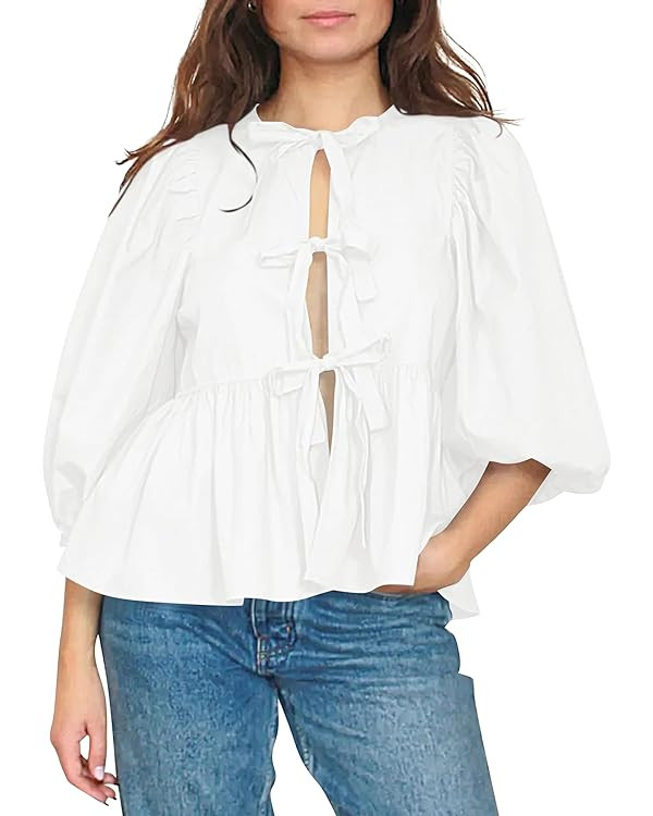 Cioatin Women Bow Tie Front Shirt Top Cute Puff Sleeve Y2K Peplum Ruffle Babydoll Blouse Lace Up ... | Amazon (US)