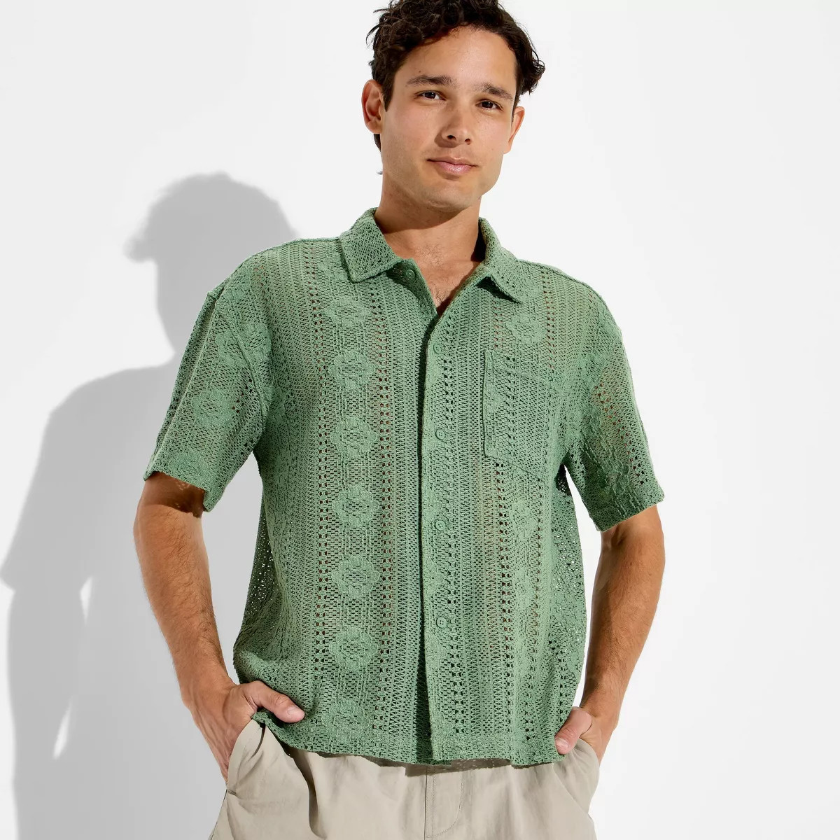 Men's Open Work Short Sleeve Collared Button-Down Shirt - Original Use™ Olive Green L | Target