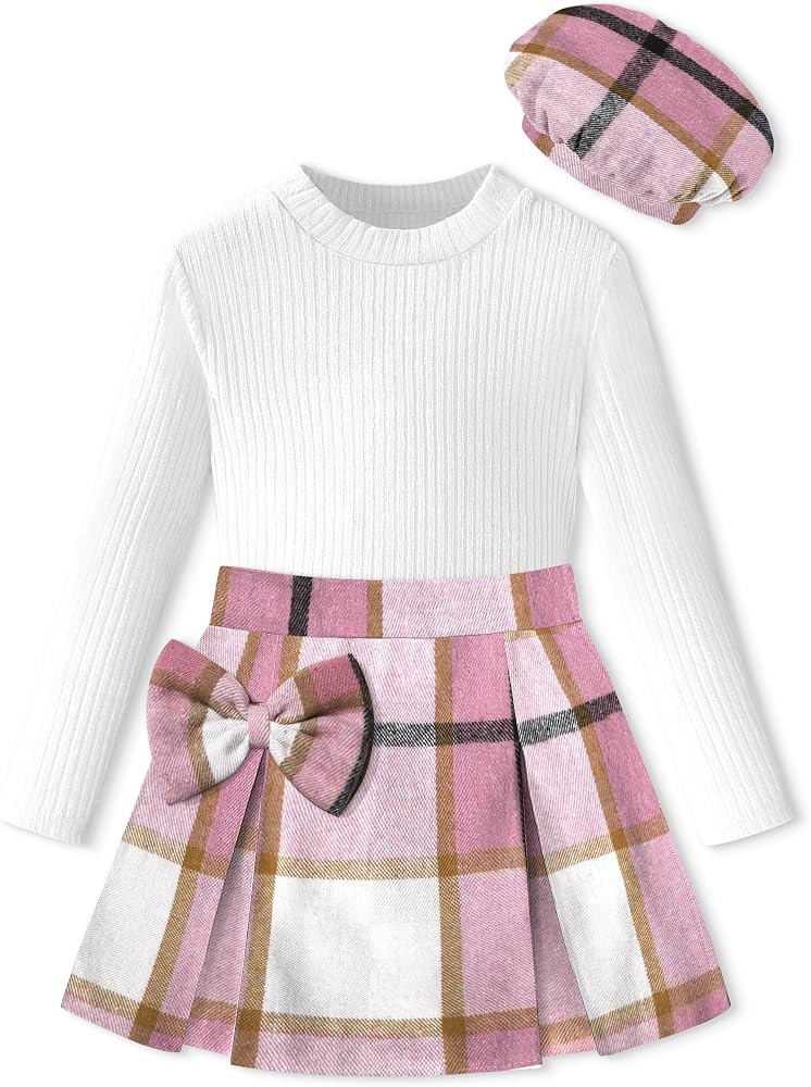 DONWEN Girl Skirt Sets 3 Piece Outfits Crew Neck Ribbed Tops Plaid Mini Skirt Shorts with Bowtie ... | Amazon (US)