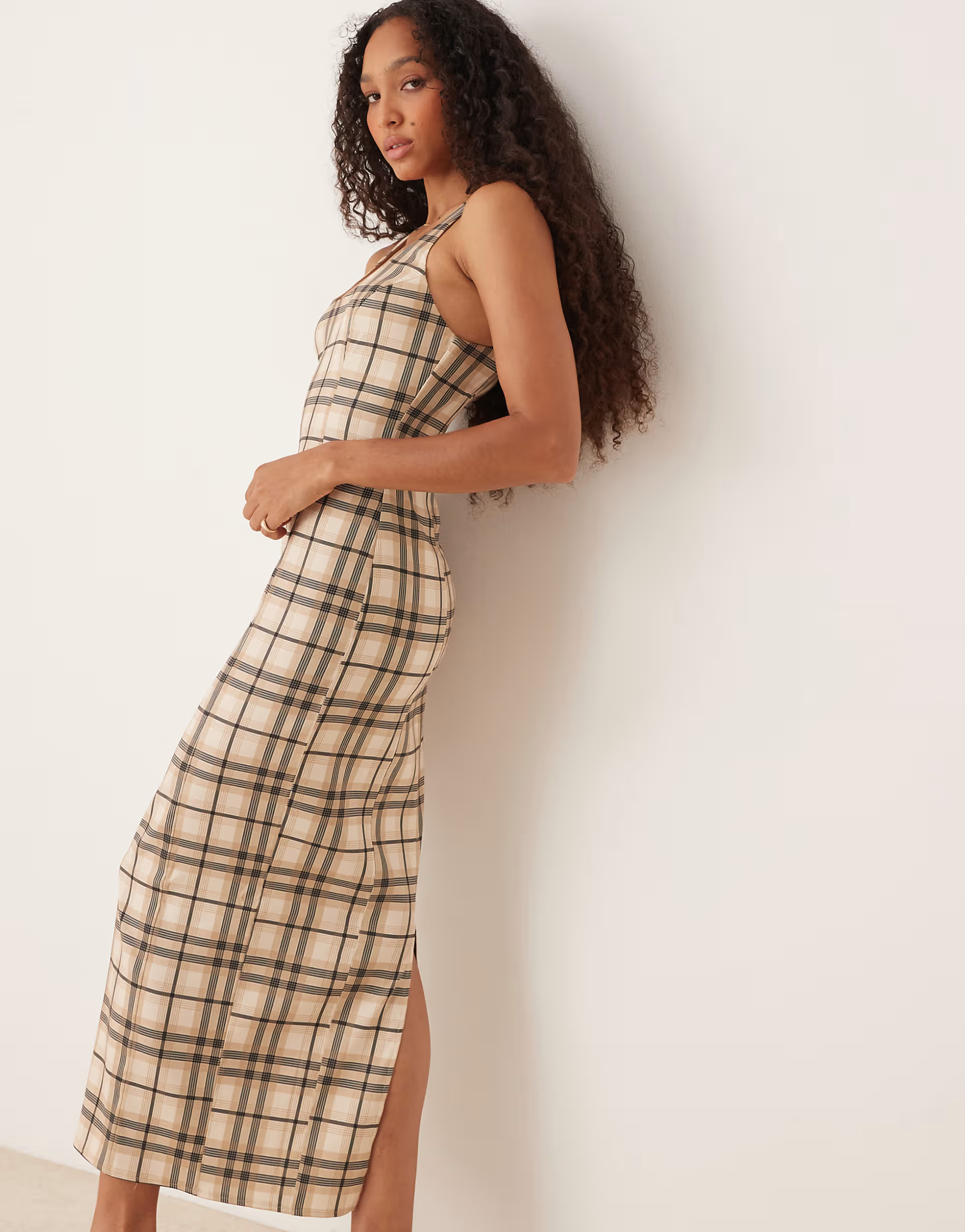ASOS DESIGN square neck maxi dress in stone plaid | ASOS (Global)