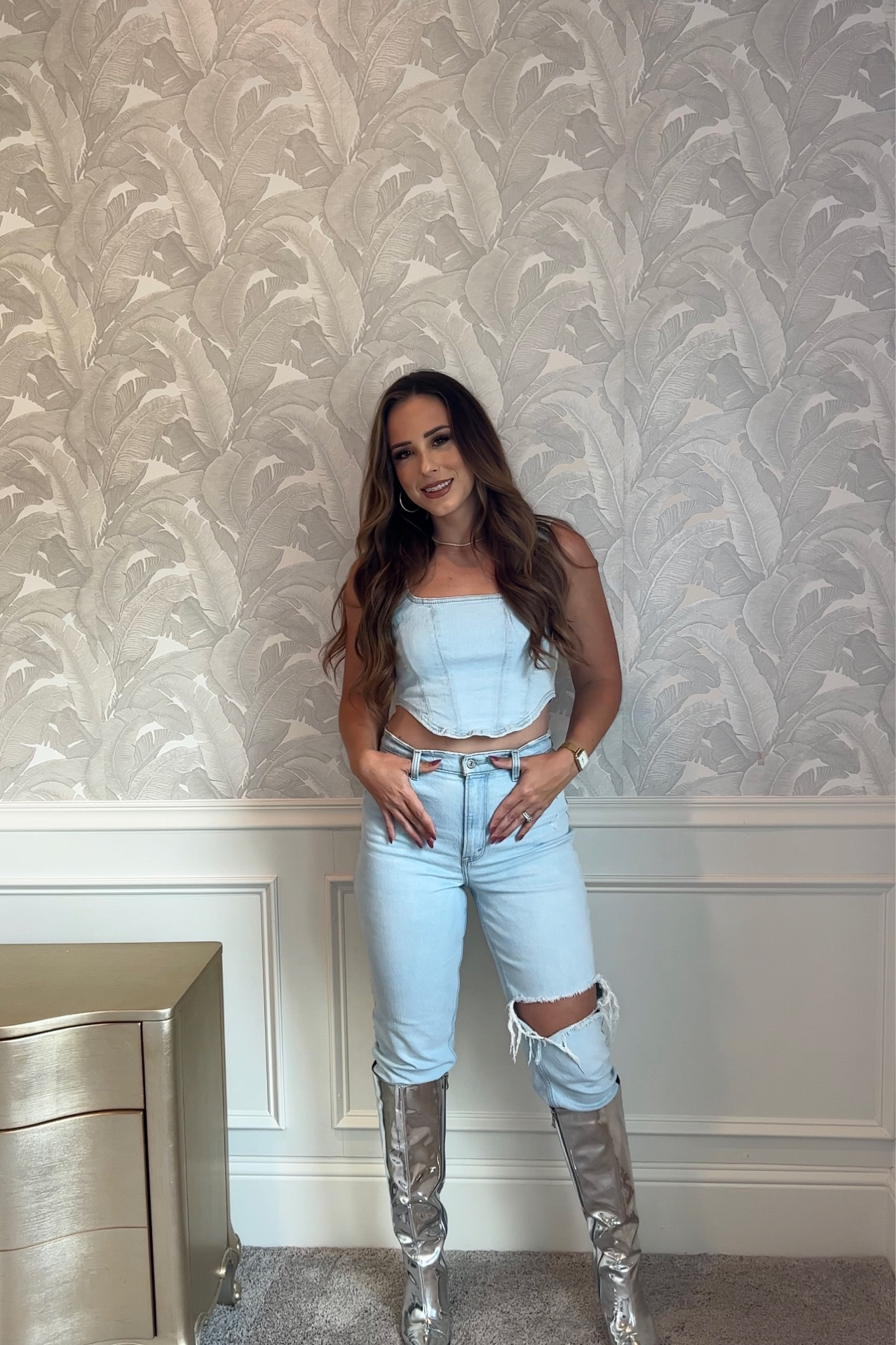 Denim on denim.
Corset.
Schutz.
Metallic boots.
Abercrombie.
Curve love.
Plus size. 

#LTKunder100 #LTKSeasonal #LTKunder50