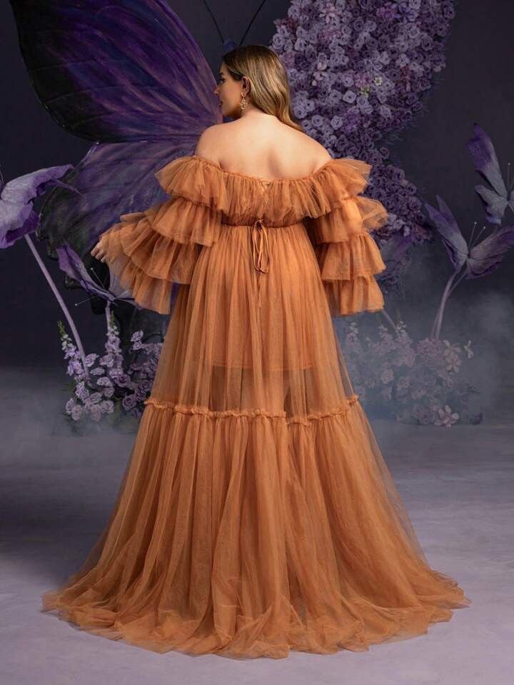 Plus Maternity Ruffle Trim Off Shoulder Tulle Dress Photography Dress | SHEIN