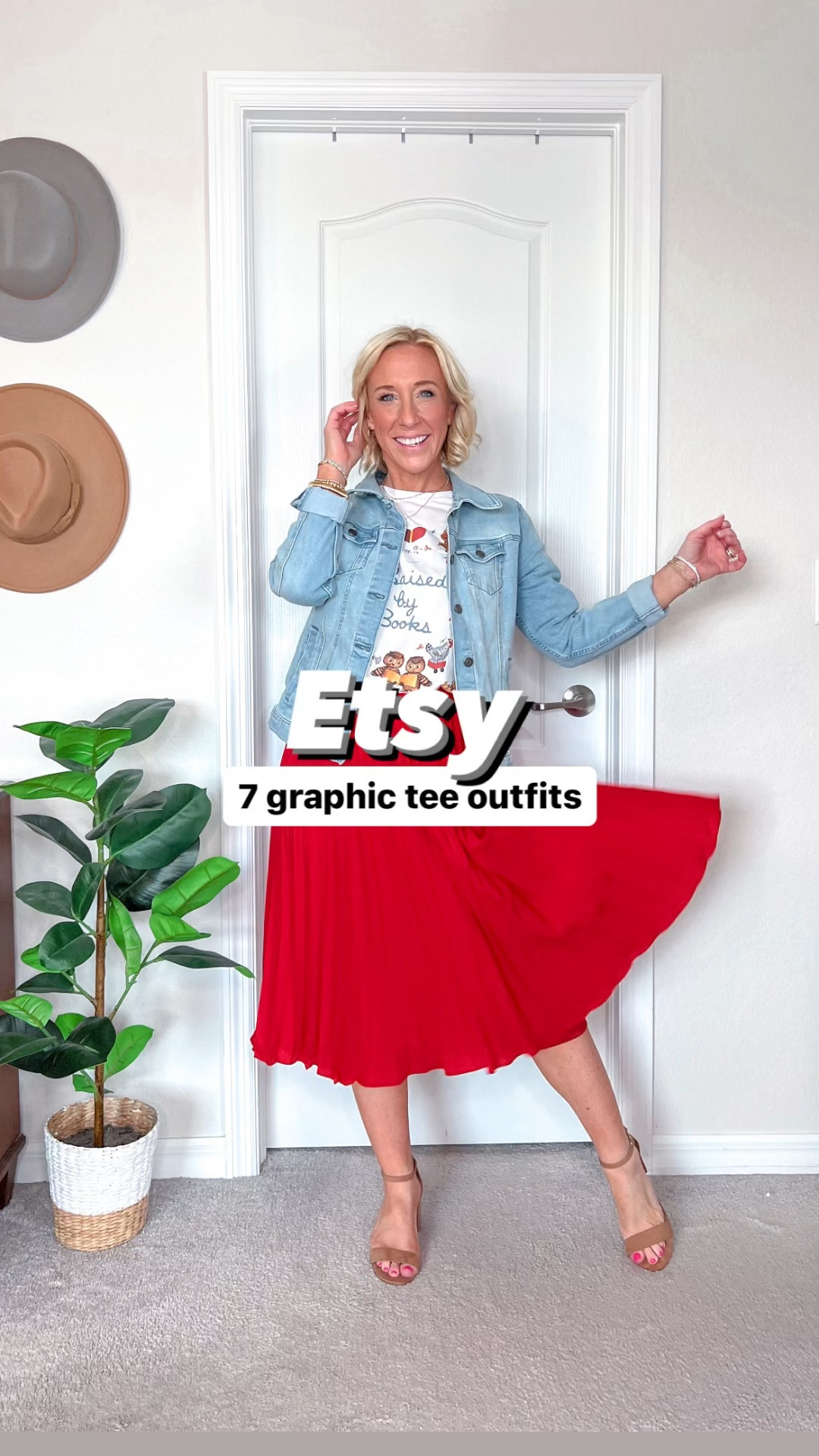 Etsy graphic tees:
1. Blue floral  - size medium (could have done a small) (color white)// pleated tennis skirt - size small.
2. Year shirt - size medium (color ivory) // striped dress - size small.
3. Floral tee - size medium (color white) // pink pleated skirt - size medium (need a small).
4. Butterfly floral tee - size medium (color white) // navy trousers - size 2 // jean jacket - size small.
5. Book tee - size medium (color white) // pleated skirt - size medium (need a small) // jean jacket - size small.
6. London shirt - size medium (color ivory) // linking similar jeans as mine are sold out.
7. Boho floral - size medium (color soft cream) // green maxi skirt - size medium (runs small). 


#LTKStyleTip #LTKVideo #LTKFindsUnder50