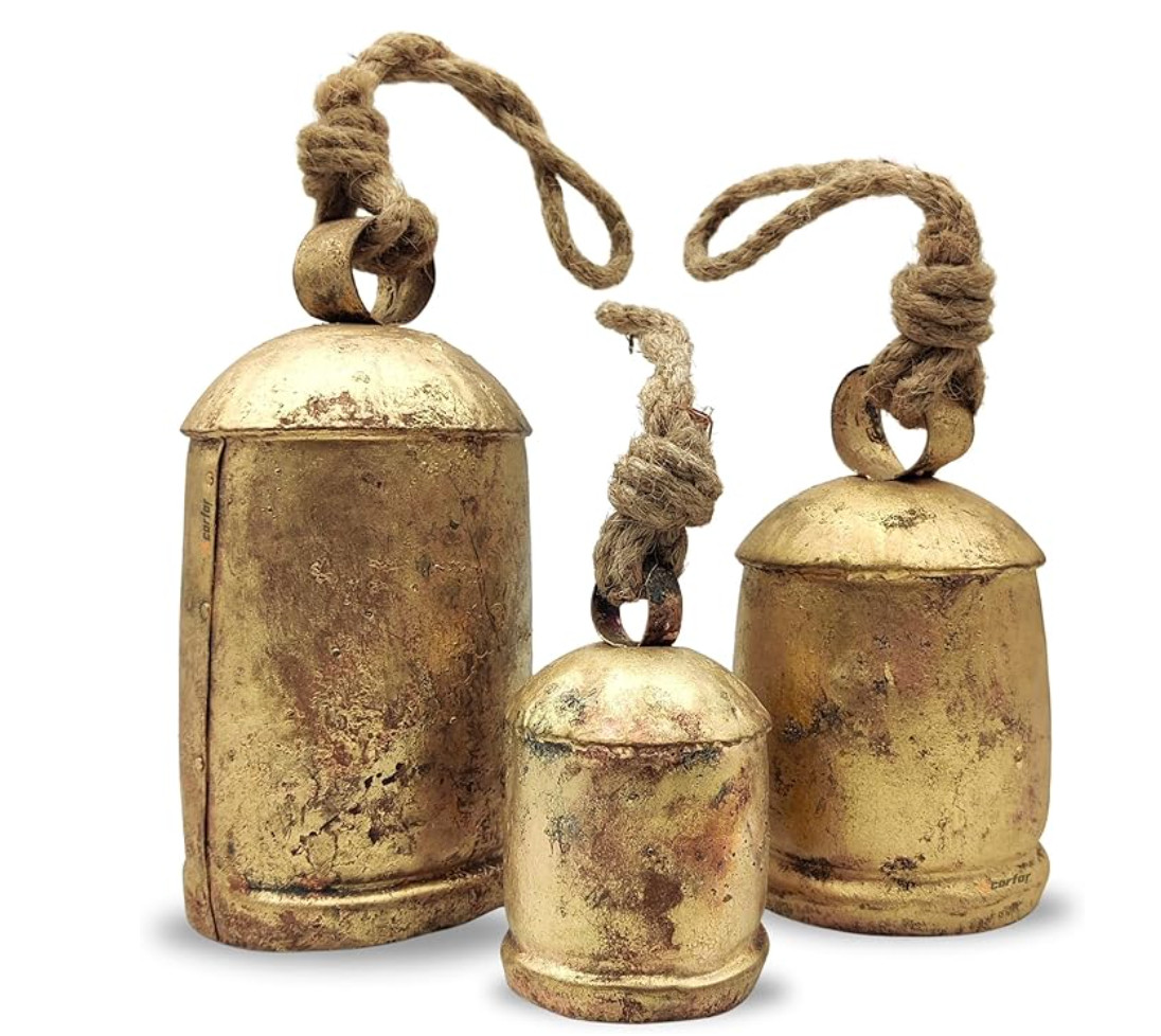 Handicrafts Vintage Rustic Metal Harmony Cow Bells Set of 3 Huge Rustic Christmas Handmade Bells On Jute Rope 

 #LTKHoliday #LTKSeasonal #LTKHome