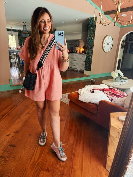 Pretty in 💕 wearing a medium in the romper! Shoes are no longer available 😢