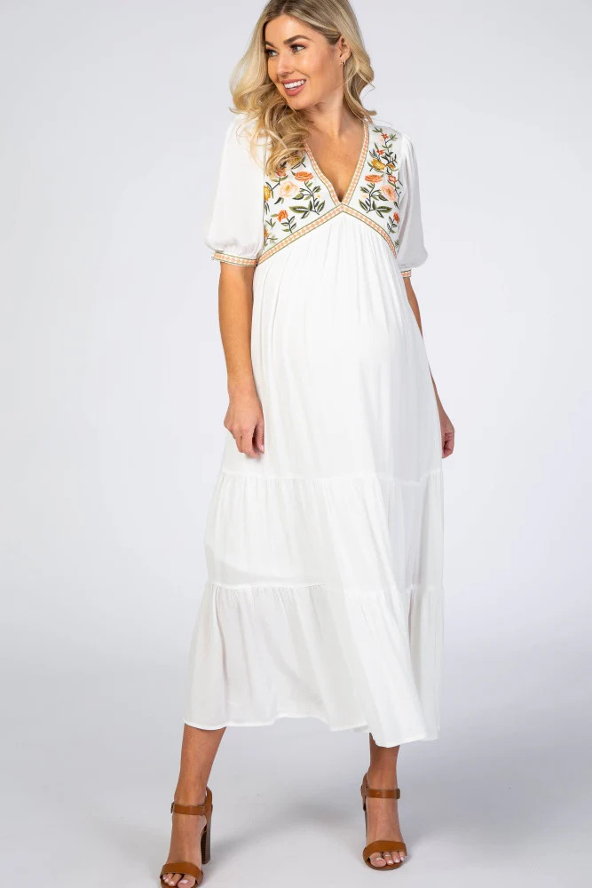 Ivory Floral Embroidered Maternity Midi Dress | PinkBlush Maternity