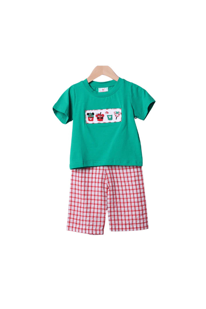 Smocked Holiday Park Snacks Red Windowpane Pant Set | The Smocked Flamingo