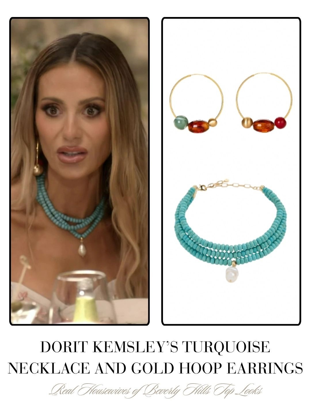 Dorit Kemsley’s Turquoise Necklace and Gold Hoop Earrings 
