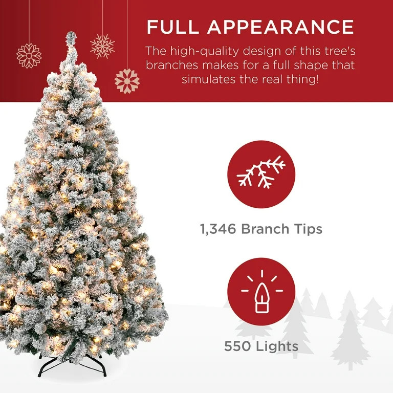 Best Choice Products 7.5ft Pre-Lit Holiday Christmas Pine Tree w/ Snow Flocked Branches, 550 Warm... | Walmart (US)