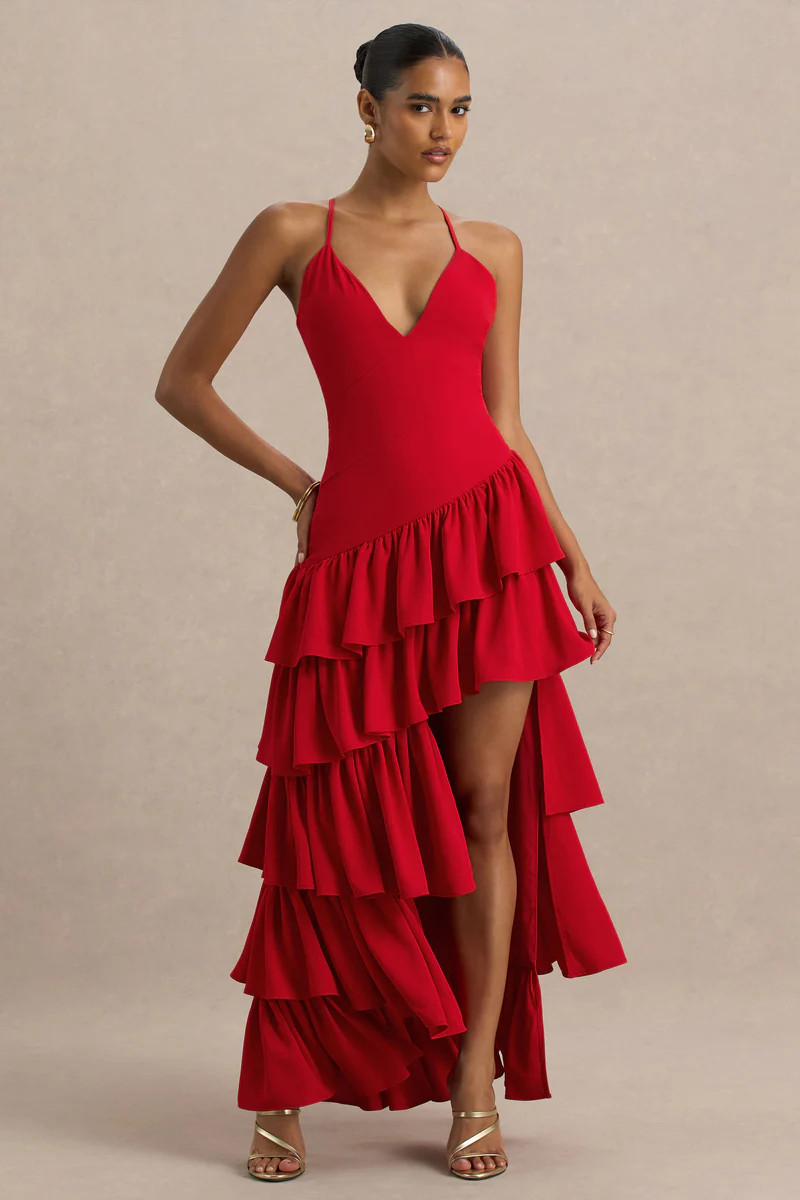 Bogota  Red Plunge-Neck Maxi Dress With Ruffling Details And Front High Split | Club L London