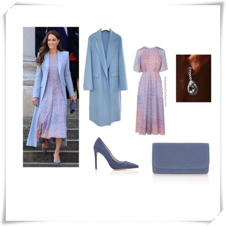 Kate Middleton LK Bennett Madison dress/Chris Kerr coat (picture for reference) Emmy Riviera shoes and clutch 
Aquamarine drop earrings