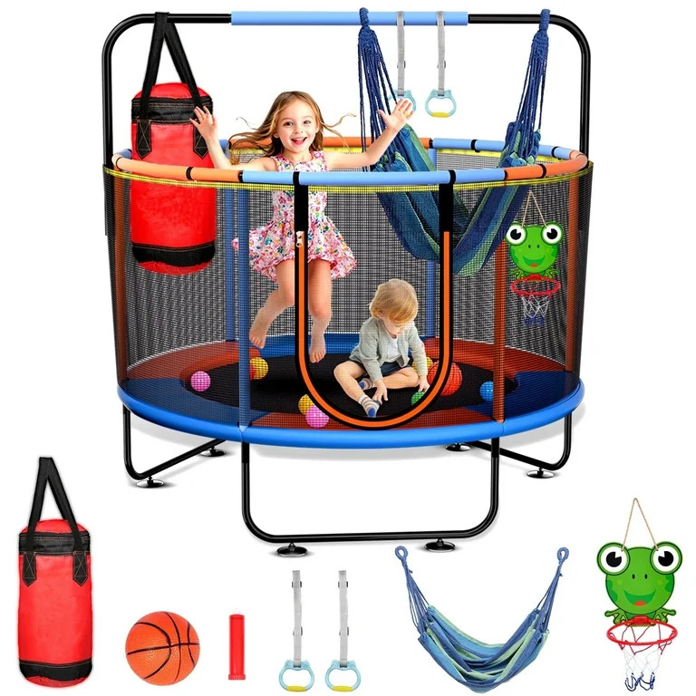 Skyhot 55" Indoor Outdoor Mini Round Trampoline for Kids with Enclosure Net and Basketball Hoop | Walmart (US)