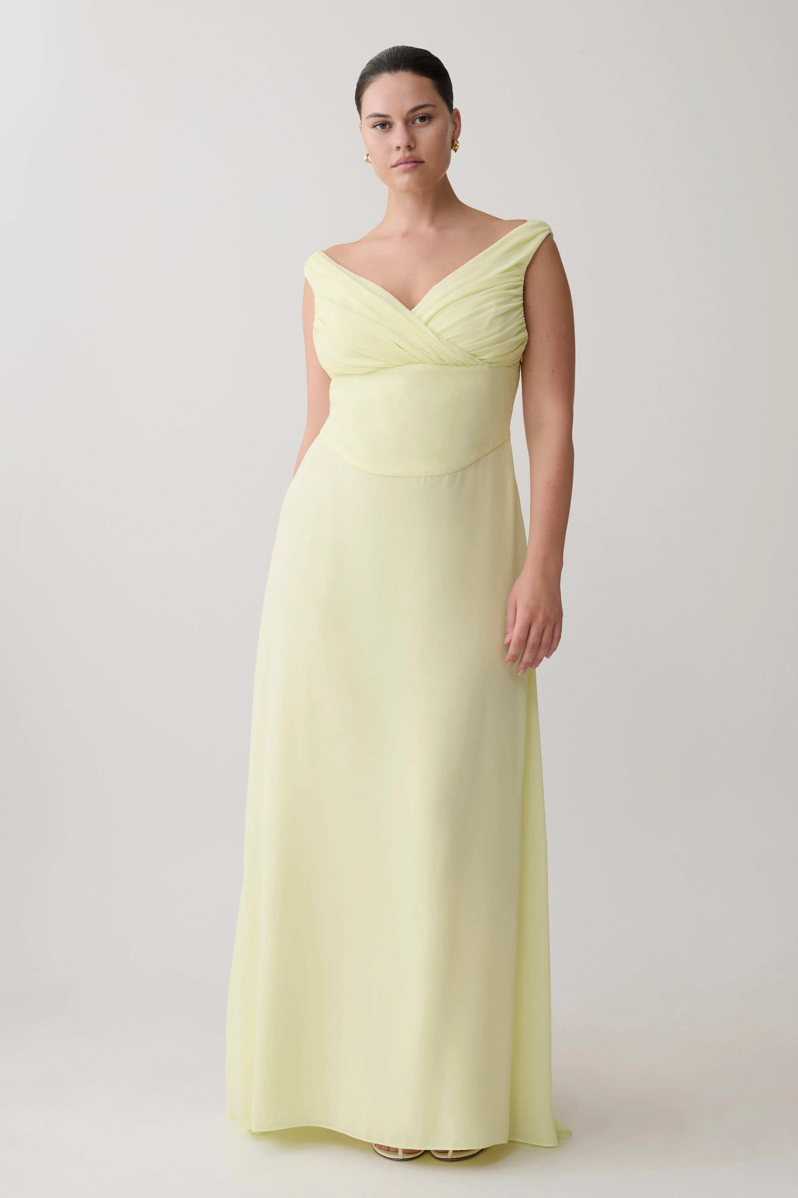 Mabel Off Shoulder Chiffon Maxi Dress - Lemon | Meshki UK