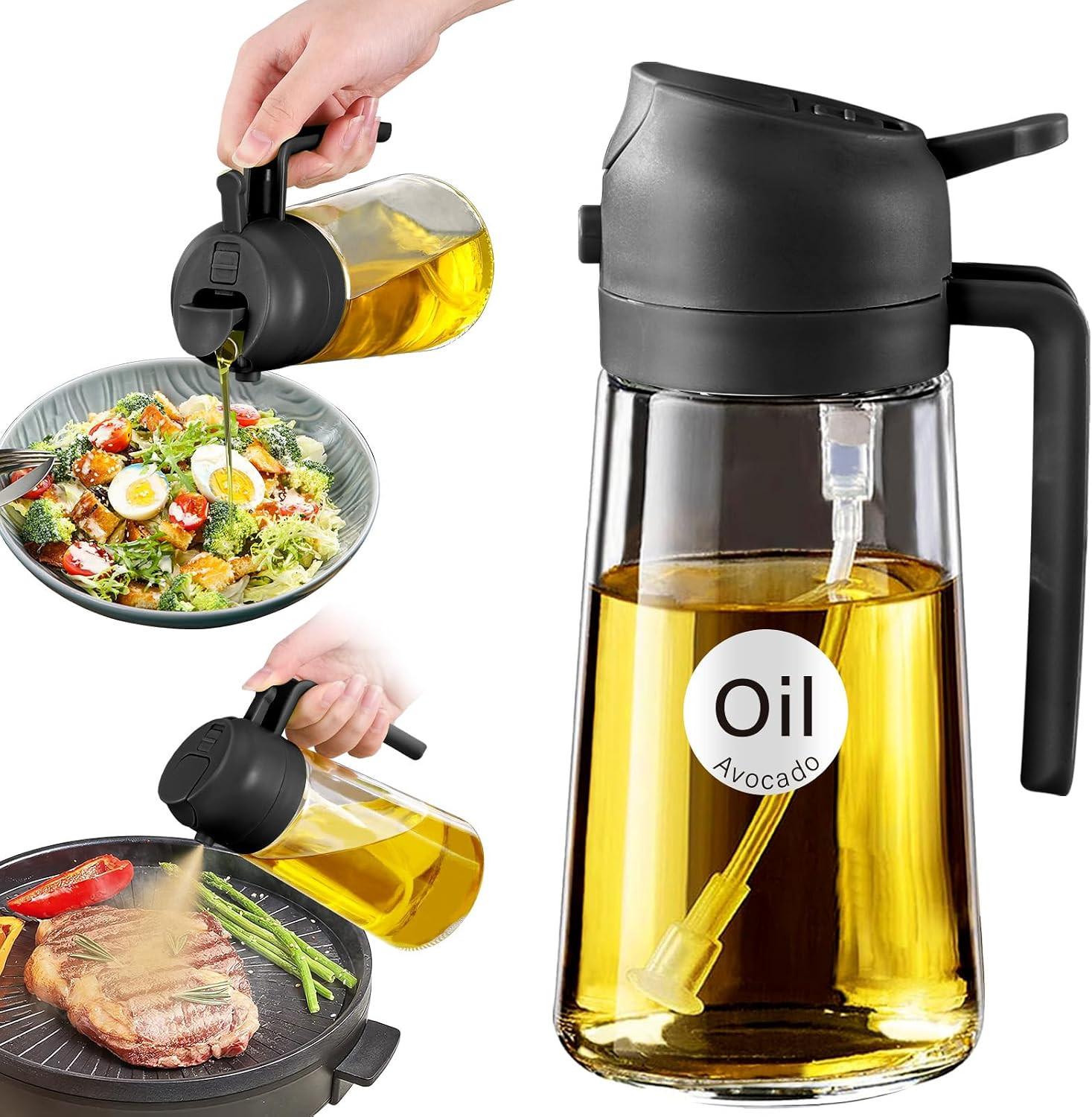 YARRAMATE Oil Sprayer for Cooking, 2 in 1 Olive Oil Dispenser Bottle for Kitchen, 17oz/500ml Premium Glass Oil Bottle, Food-grade Oil Mister for Air Fryer, Salad, Frying, BBQ (Black) | Amazon (US)