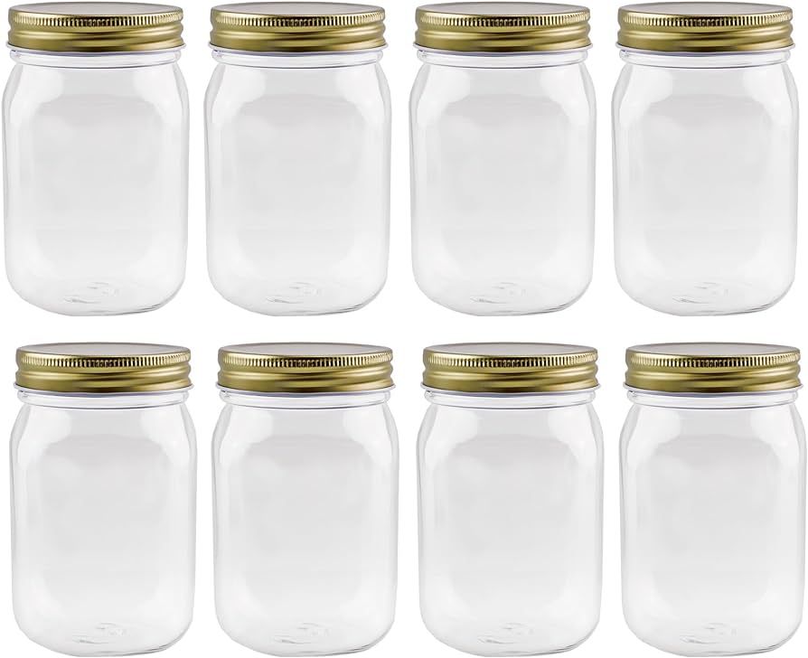 Cornucopia 16-Ounce Clear Plastic Mason Jars (8-Pack, Gold Metal Lids); PET BPA-Free Mason Jars w... | Amazon (US)