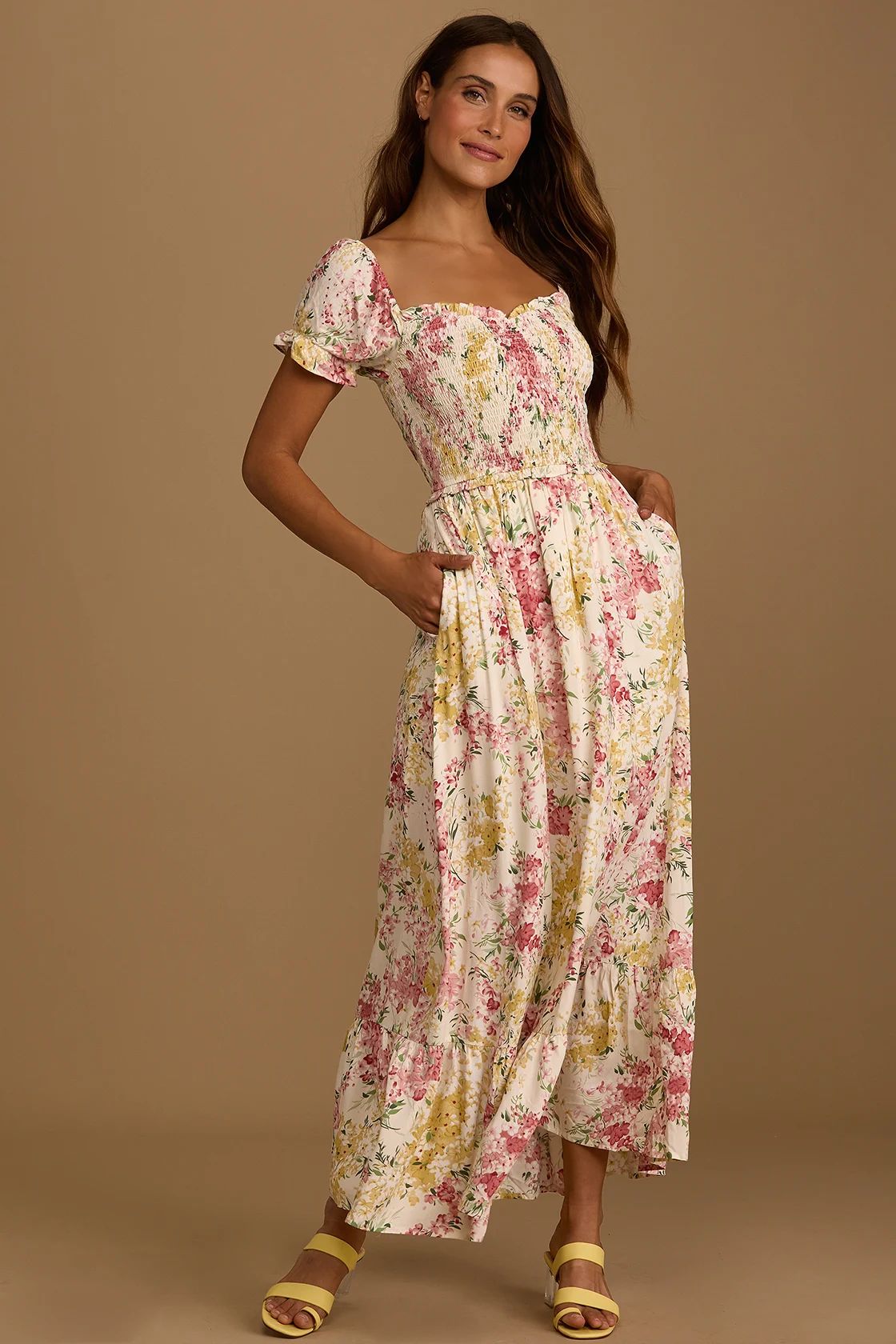 Always So Sweet Cream Floral Smocked Puff Sleeve Maxi Dress | Lulus (US)