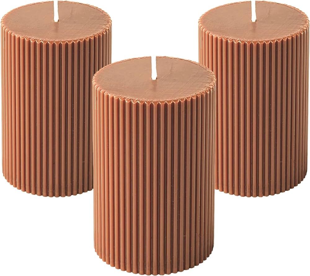 3-Pack Brown Ribbed Pillar Candles Unscented, 2.75x4 Inches Maroon Brown Candles Handmade, Aesthe... | Amazon (US)