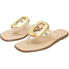 Flip-Flops for Women Thong Sandals Flat Black Slip on Slides Leather Beach Comfort Open Square To... | Amazon (US)