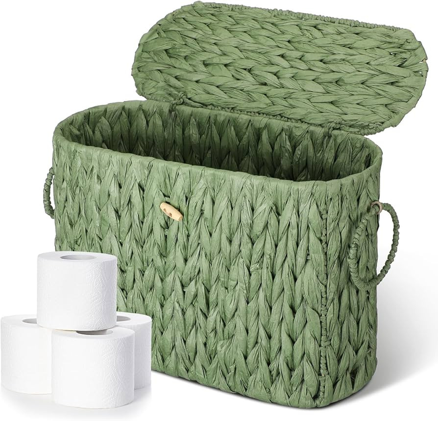 Kathfly Sage Green Toilet Paper Storage Basket with Lid Wicker Woven Bathroom Basket Toilet Paper... | Amazon (US)