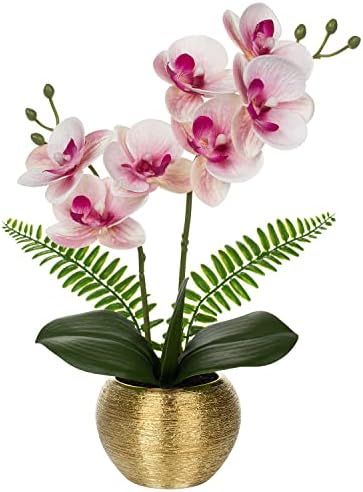 Orchids Artificial Flowers Arrangement Small Fake Orchid Faux Flowers in Gold Ceramic Vase Real T... | Amazon (US)