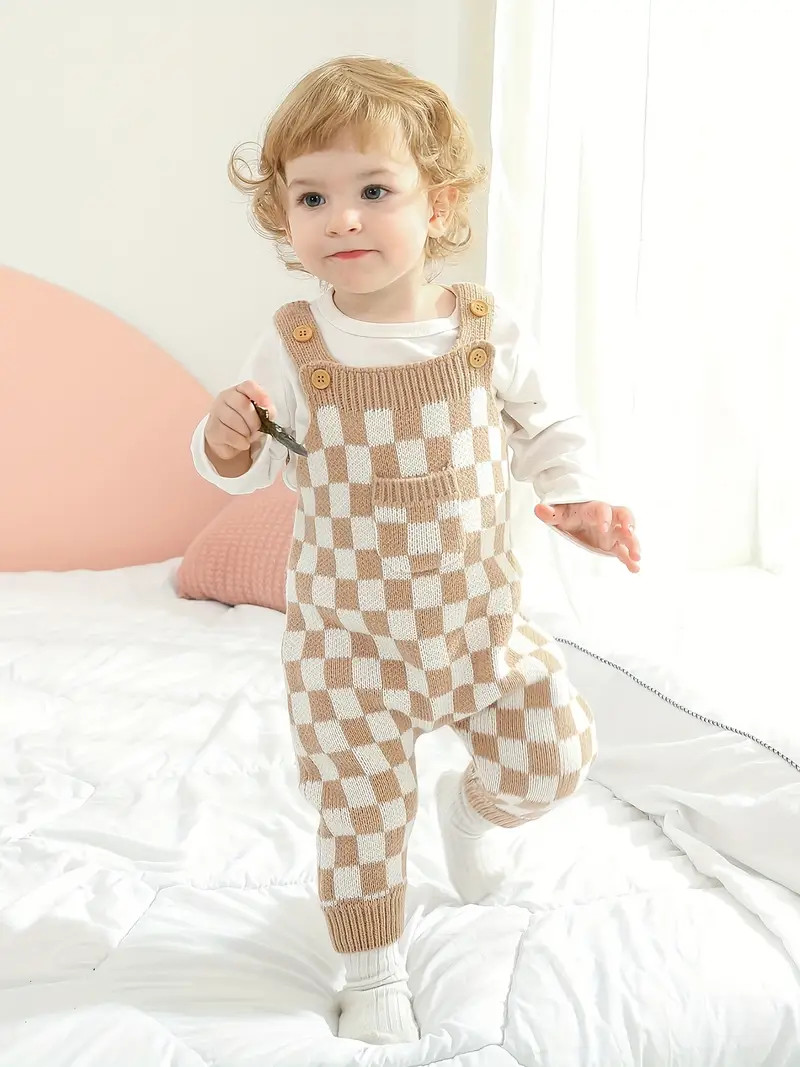 Baby Pop Plaid Knitted Long Overall Pants Elastic Casual - Temu | Temu Affiliate Program