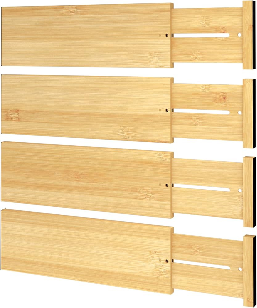 BAMEOS Bamboo Expandable Drawer Dividers \u2013 Fits 12.2"\u201317" Drawers, 4" Extra Deep Walls,... | Amazon (US)