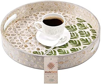 Mother of Pearl Inlay Round Serving Tray | Coffee Table Wooden Tray w Insert Handles - Luxury Dec... | Amazon (US)
