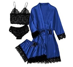 LYANER Women's 4pcs Sleepwear Satin Floral Lace Trim Cami Pajama Set with Robe | Amazon (US)